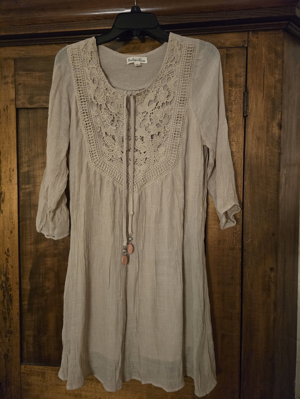 Boho  Taupe Crochet-Front Midi Dress